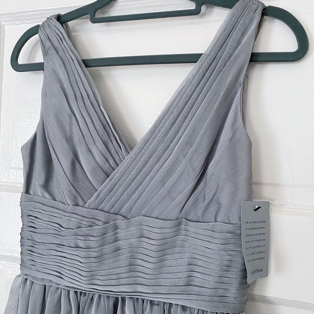 Monique Lhuillier Bridesmaids Grey Silver Slate Pleated Long Dress Size 0